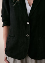 Black linen blazer with metal buttons