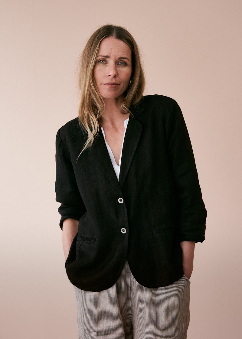 Black linen blazer with metal buttons