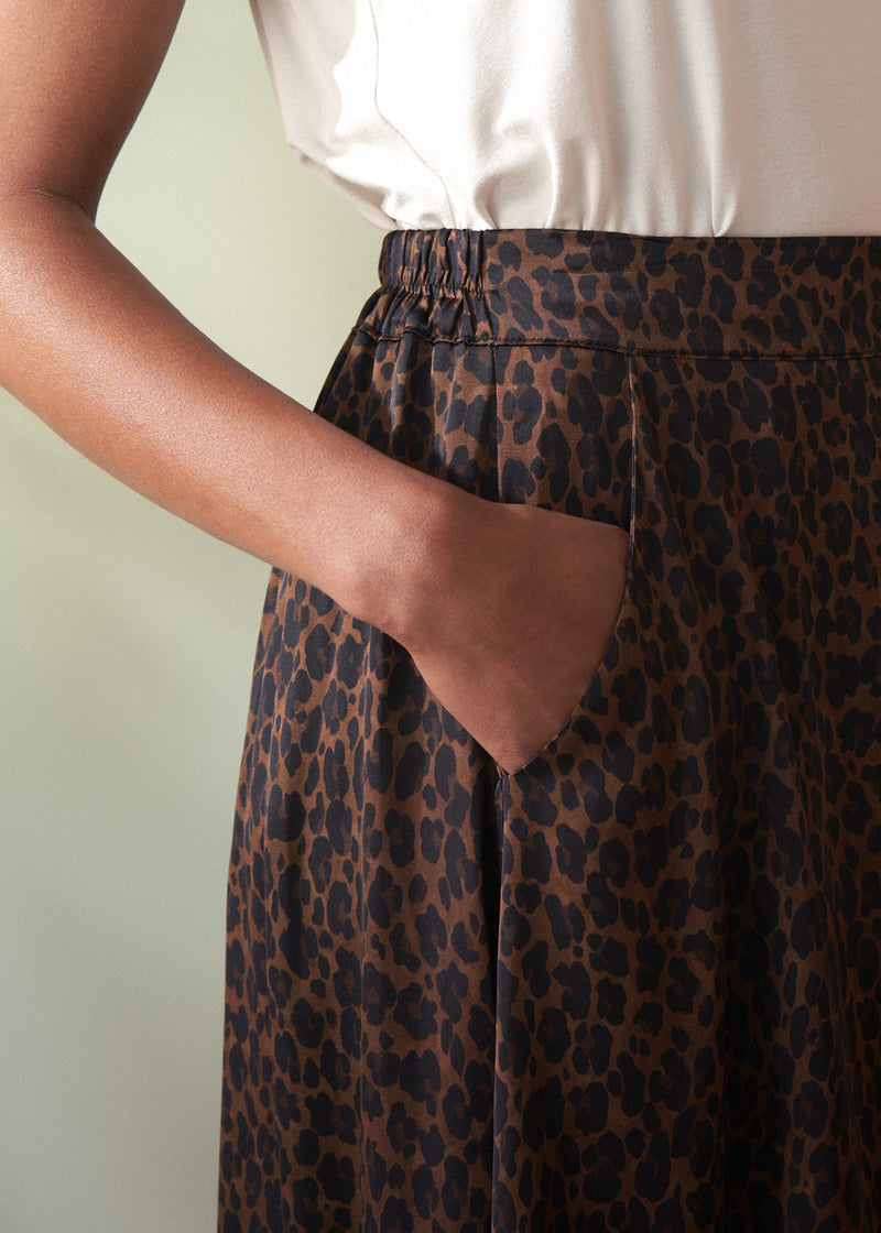 Person wearing a white blouse and leopard print skirt against a light green background