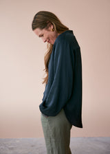 Dark blue satin top with glitter cuffs