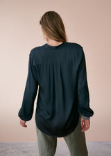 Dark blue satin top with glitter cuffs
