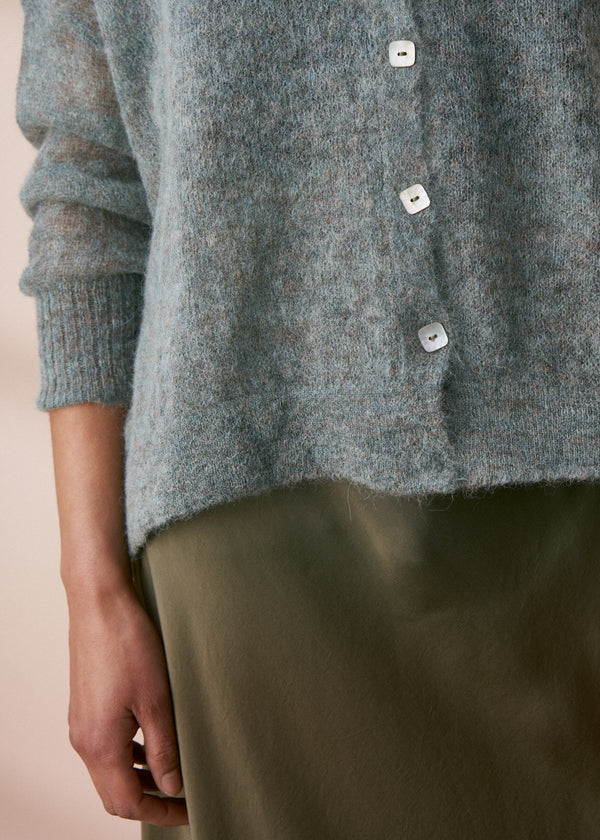 Blue green semi-sheer button up cardigan