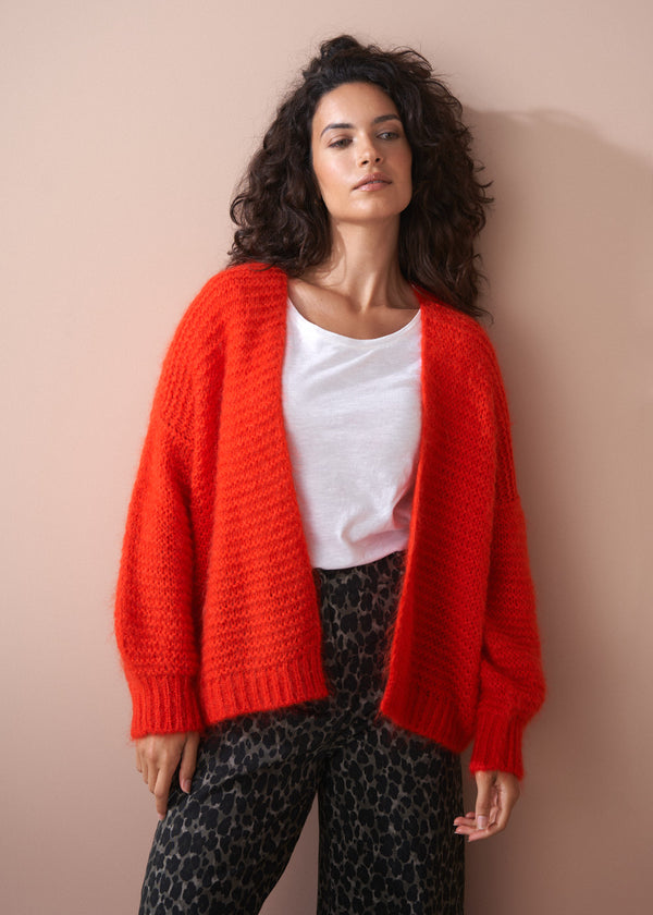 Woman wearing a red cardigan over a white shirt and leopard print trousers against a beige background