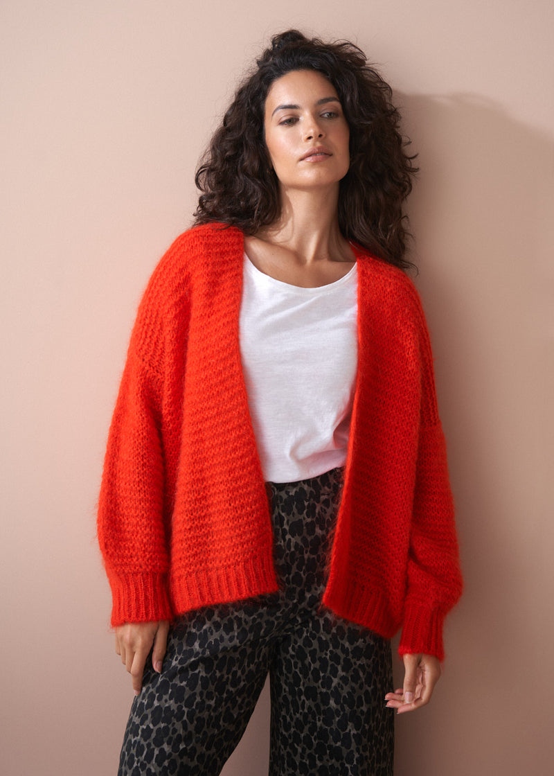 Woman wearing a red cardigan over a white shirt and leopard print trousers against a beige background