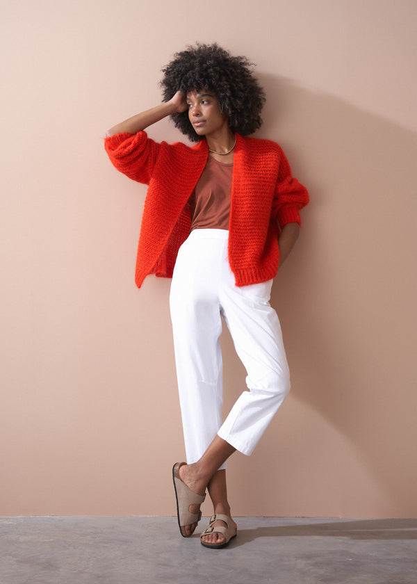 Tomato red open knit cardigan