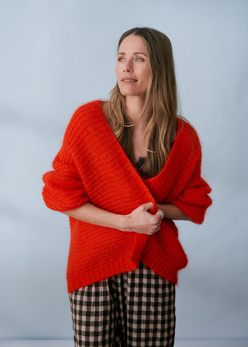 Tomato red open knit cardigan
