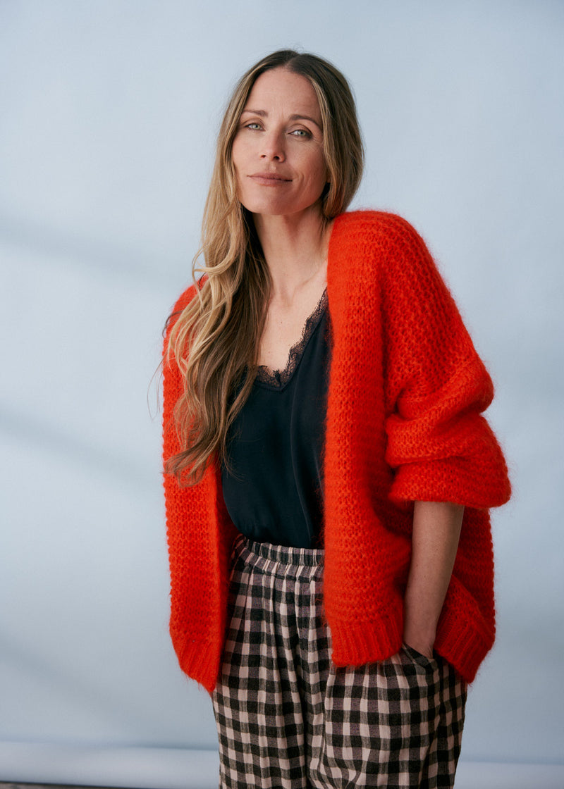 Tomato red open knit cardigan