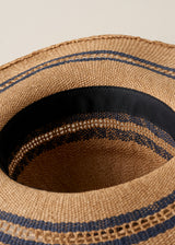 Close up of the interior of an oversized straw sunhat with a black stripe pattern, against a beige background