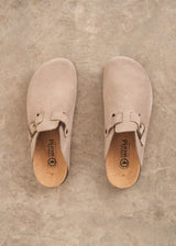 Taupe suede clog sandals