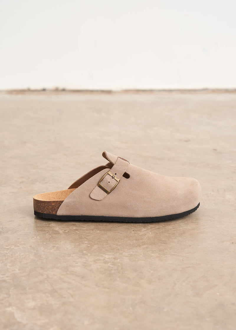 Taupe suede clog sandals