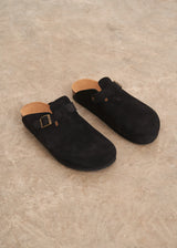 Black suede clog sandals