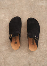 Black suede clog sandals