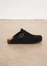 Black suede clog sandals