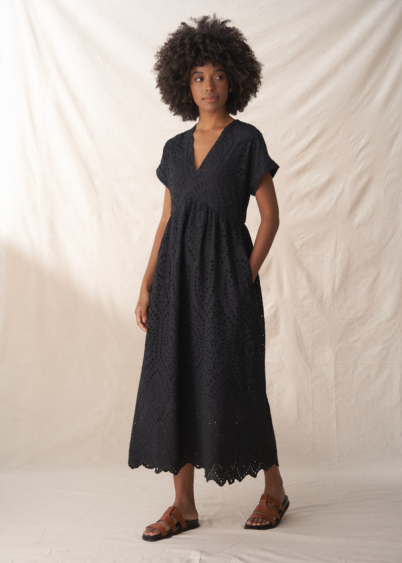 Black embroidered anglaise midi dress