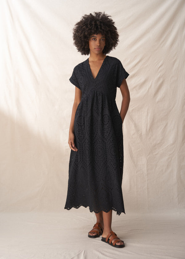 Black embroidered anglaise midi dress