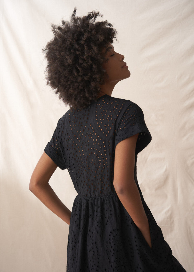 Black embroidered anglaise midi dress