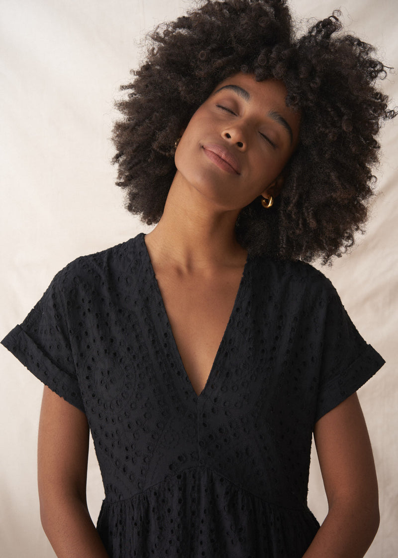 Black embroidered anglaise midi dress
