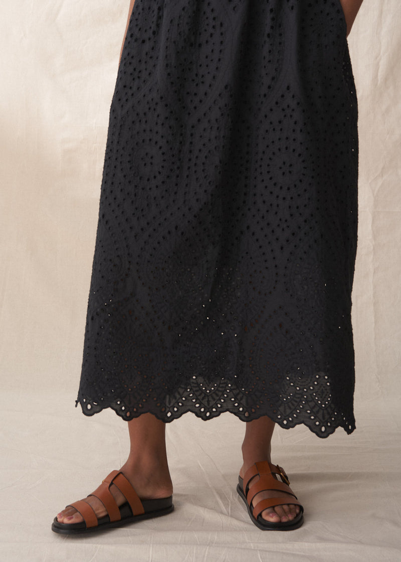Black embroidered anglaise midi dress