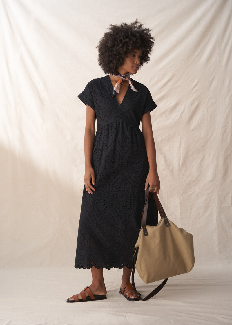 Black embroidered anglaise midi dress