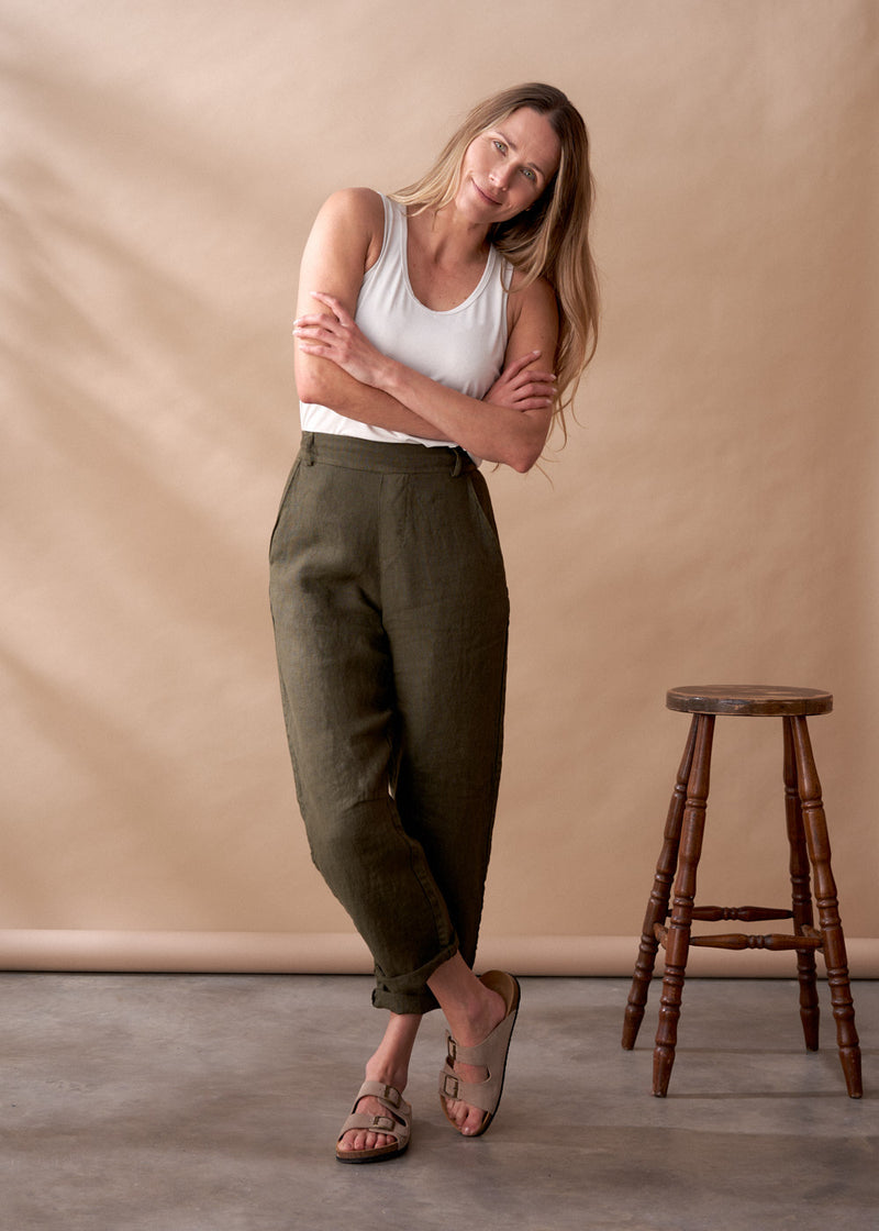 Dark khaki linen slim fit trousers