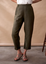 Dark khaki linen slim fit trousers