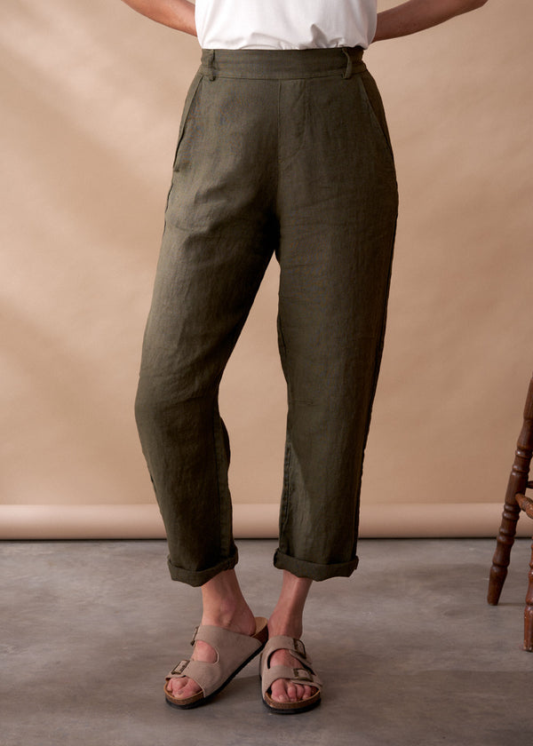 Dark khaki linen slim fit trousers