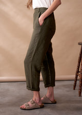 Dark khaki linen slim fit trousers