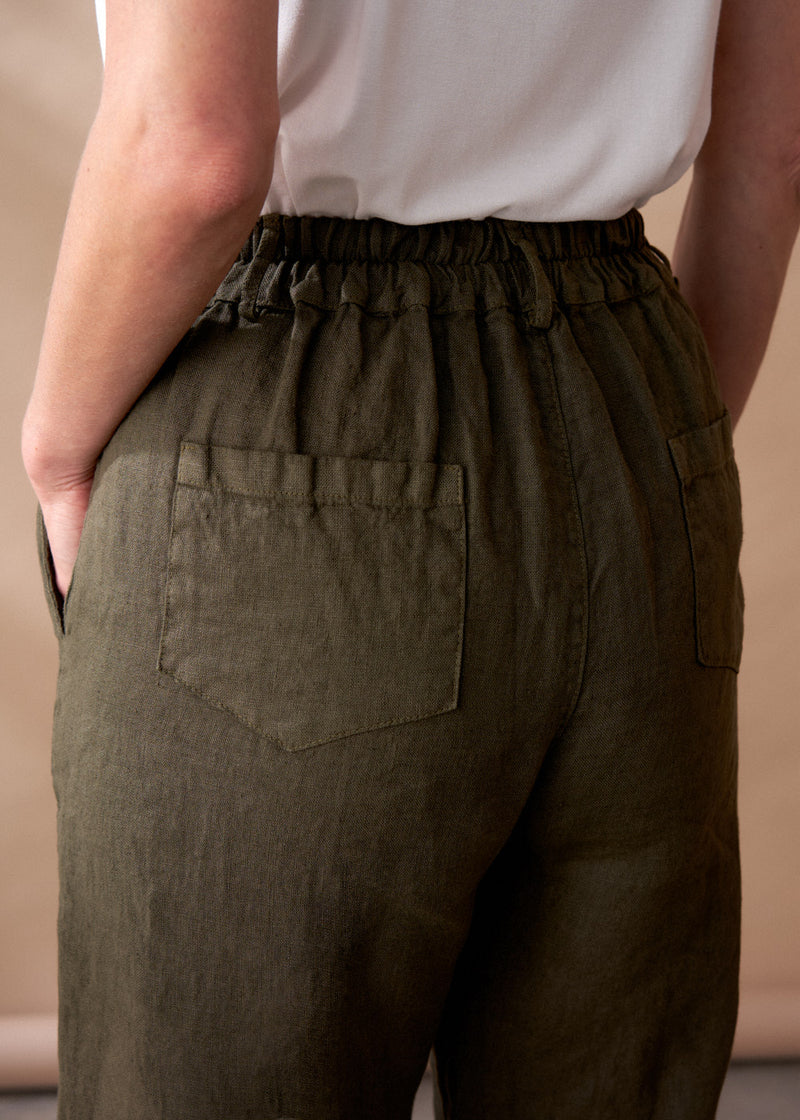Dark khaki linen slim fit trousers