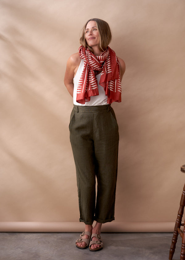 Dark khaki linen slim fit trousers