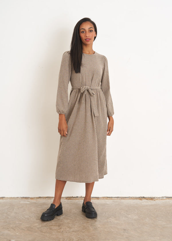 Long sleeve checked midi dress