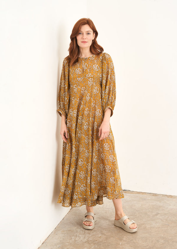 Long sleeve mustard printed dress