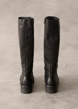 Pair of black knee-high boots on a light gray background