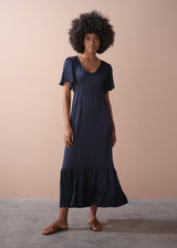Dark blue satin tiered midi dress