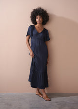 Dark blue satin tiered midi dress