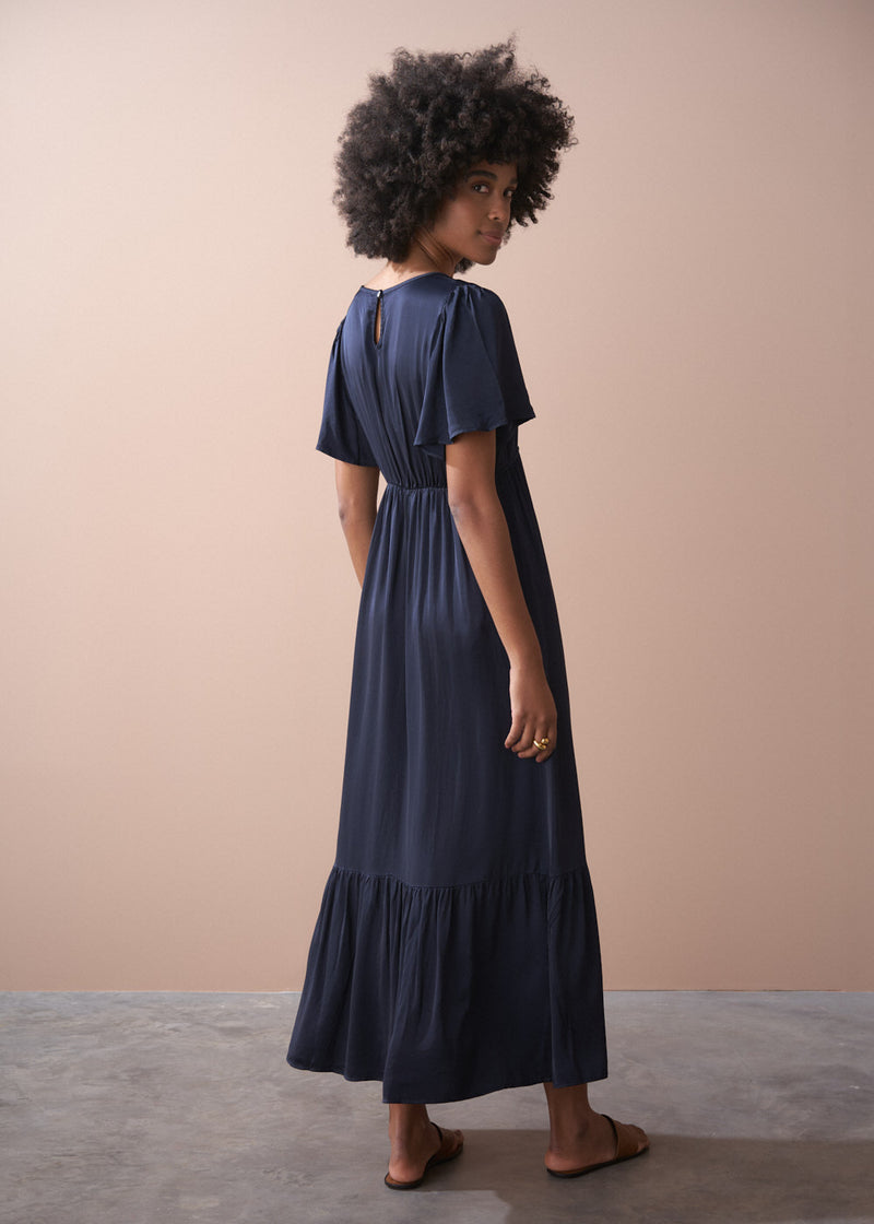Dark blue satin tiered midi dress