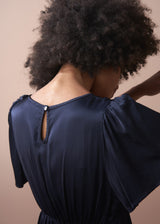 Dark blue satin tiered midi dress