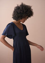 Dark blue satin tiered midi dress