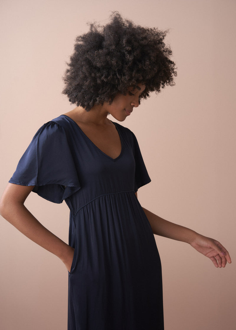 Dark blue satin tiered midi dress