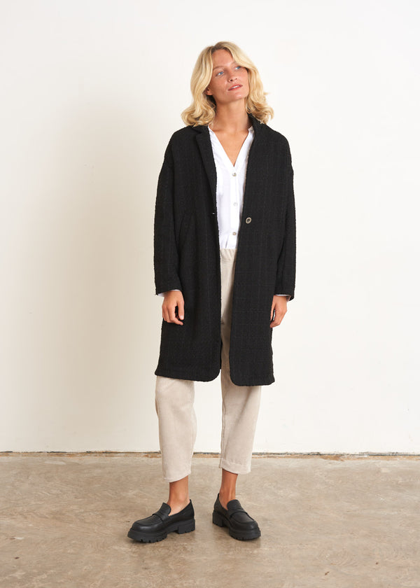 Black textured cocoon coat