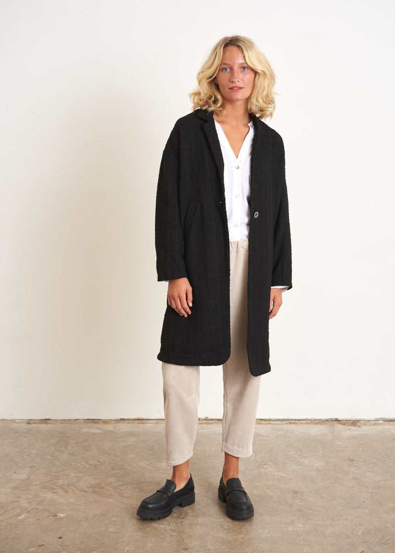 Black textured cocoon coat