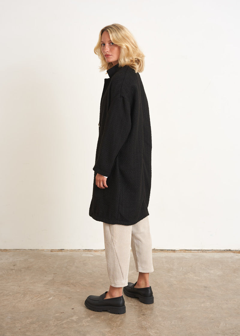 Black textured cocoon coat