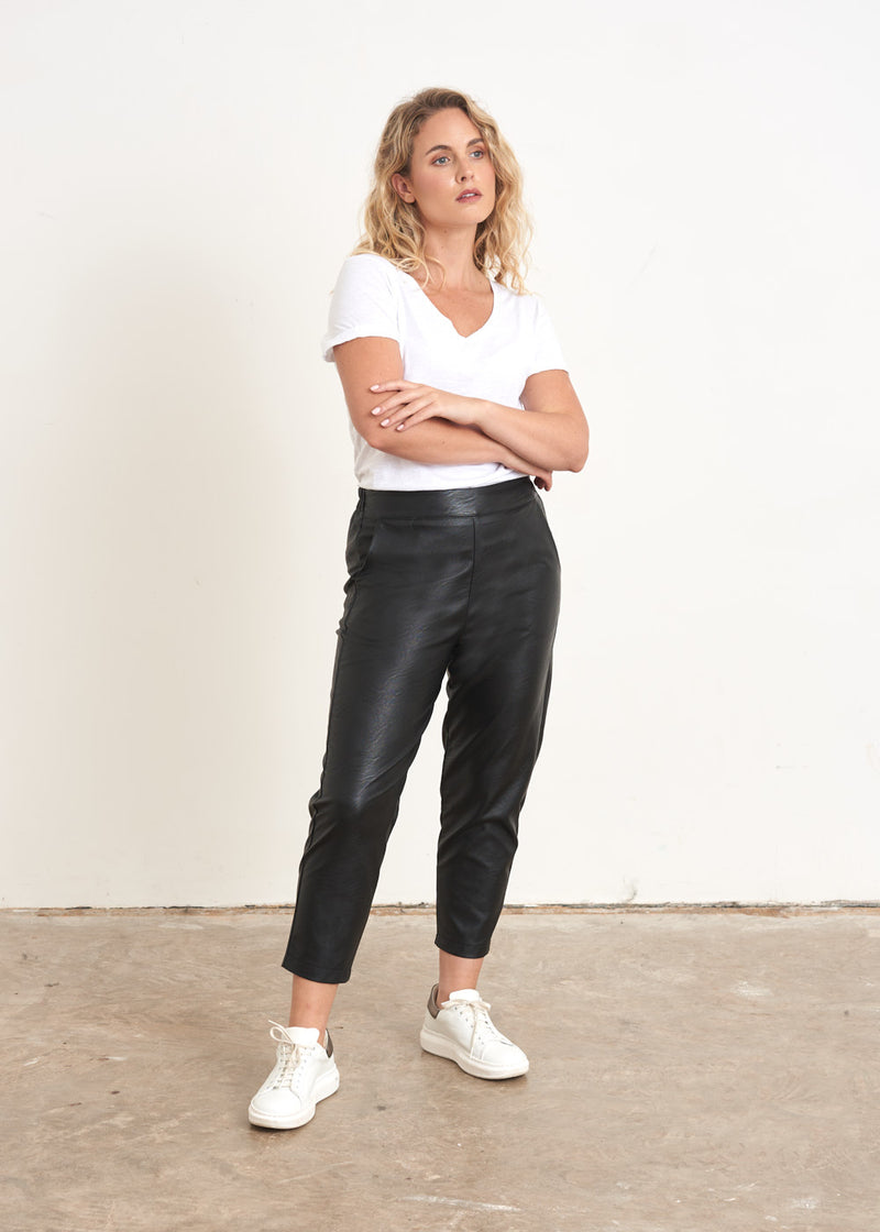 Black cropped faux leather trousers