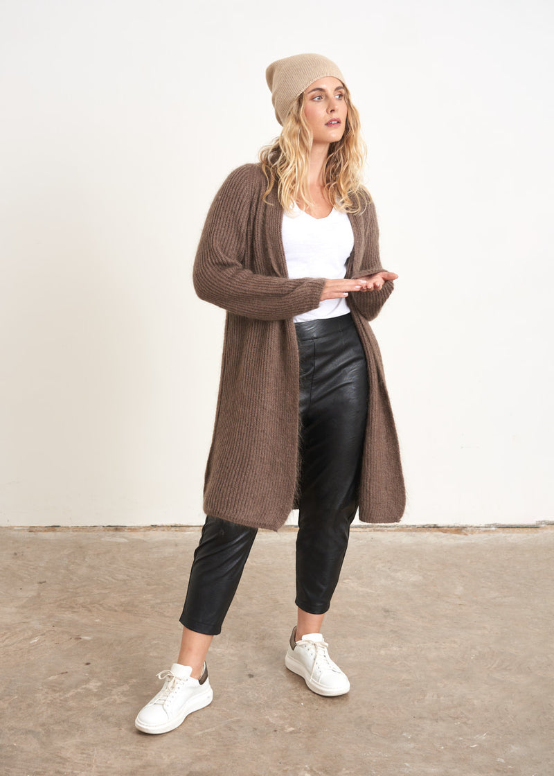 Black cropped faux leather trousers