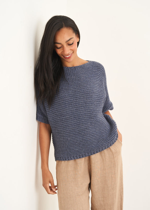 Blue short sleeve knit sweater