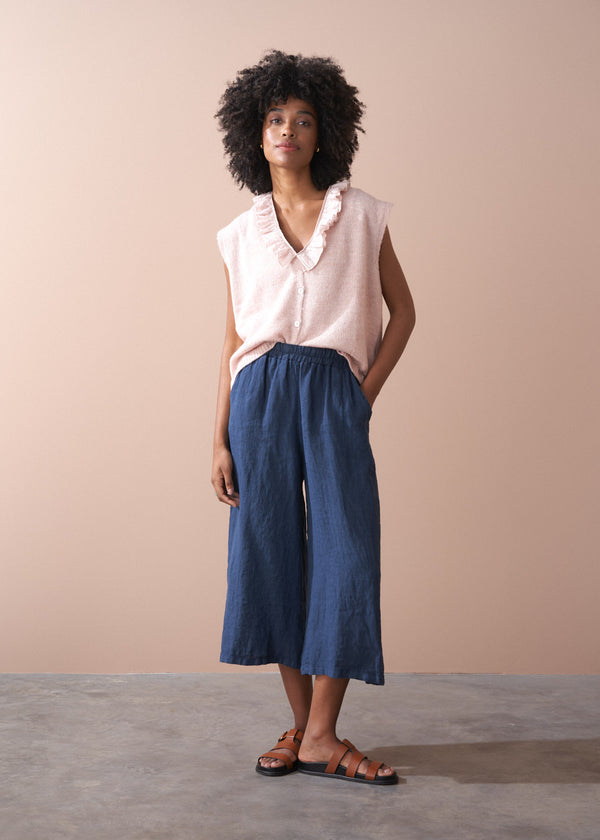 Wide leg linen trousers in dark blue