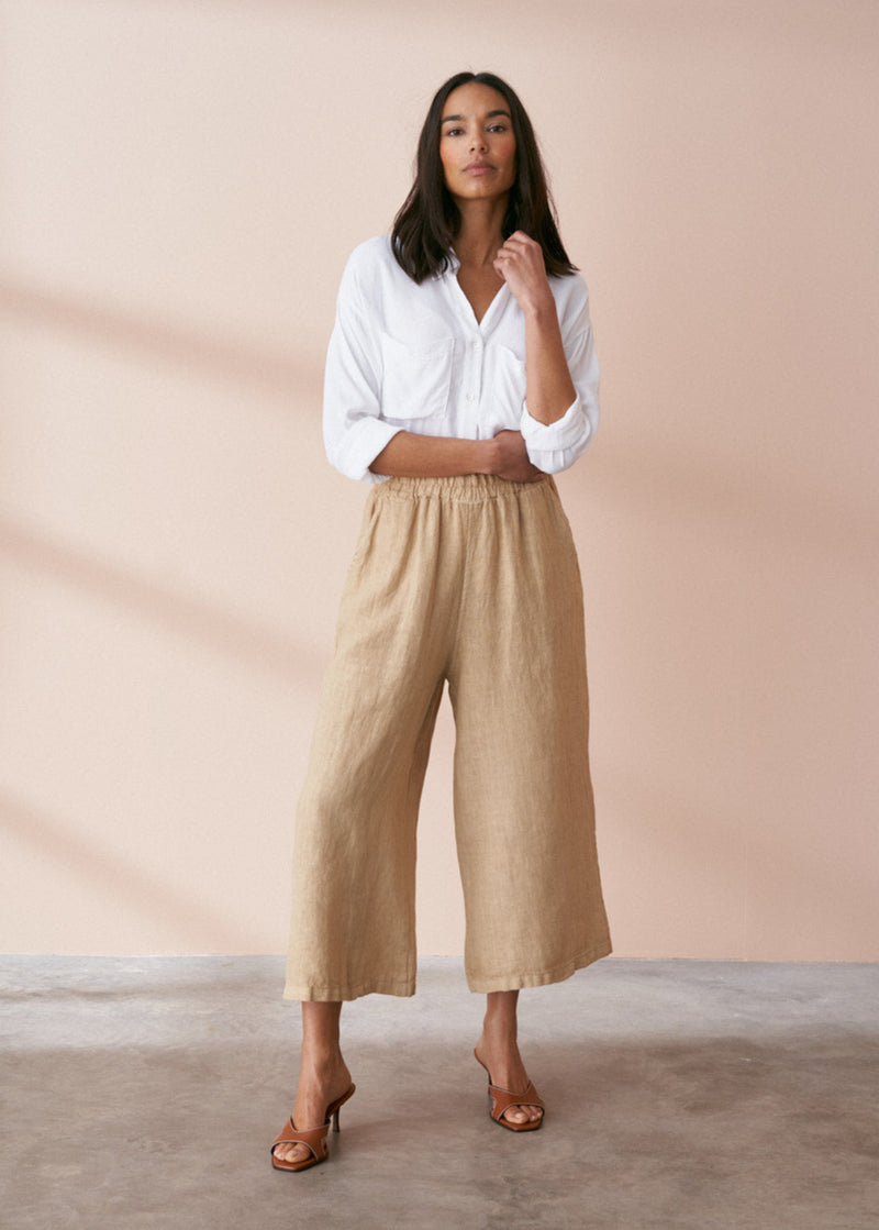 Yellow beige wide leg cropped linen trousers