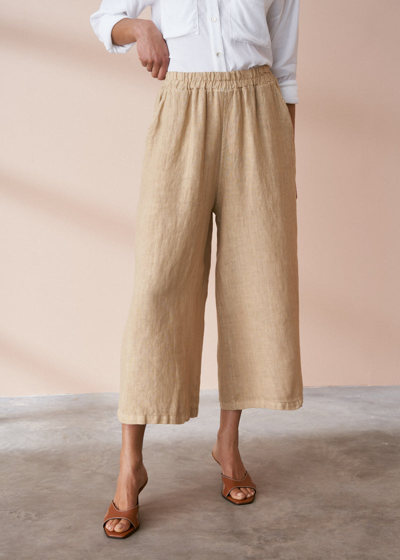 Yellow beige wide leg cropped linen trousers
