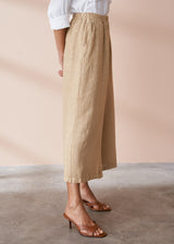 Yellow beige wide leg cropped linen trousers