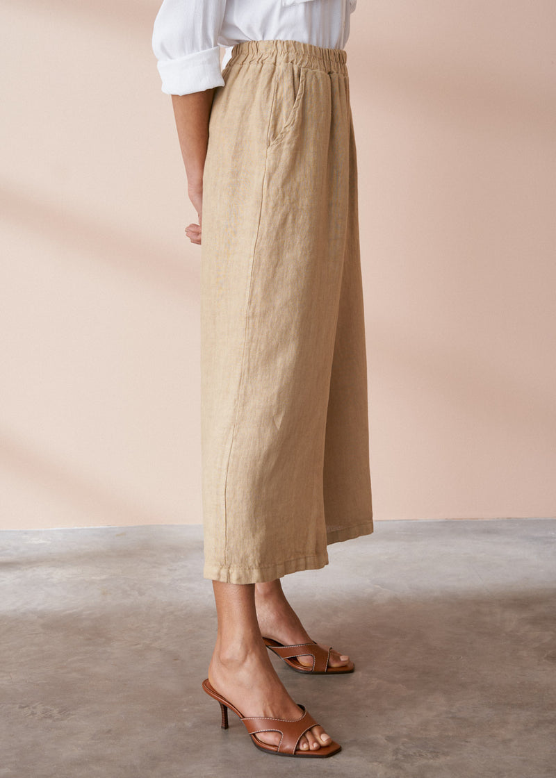 Yellow beige wide leg cropped linen trousers