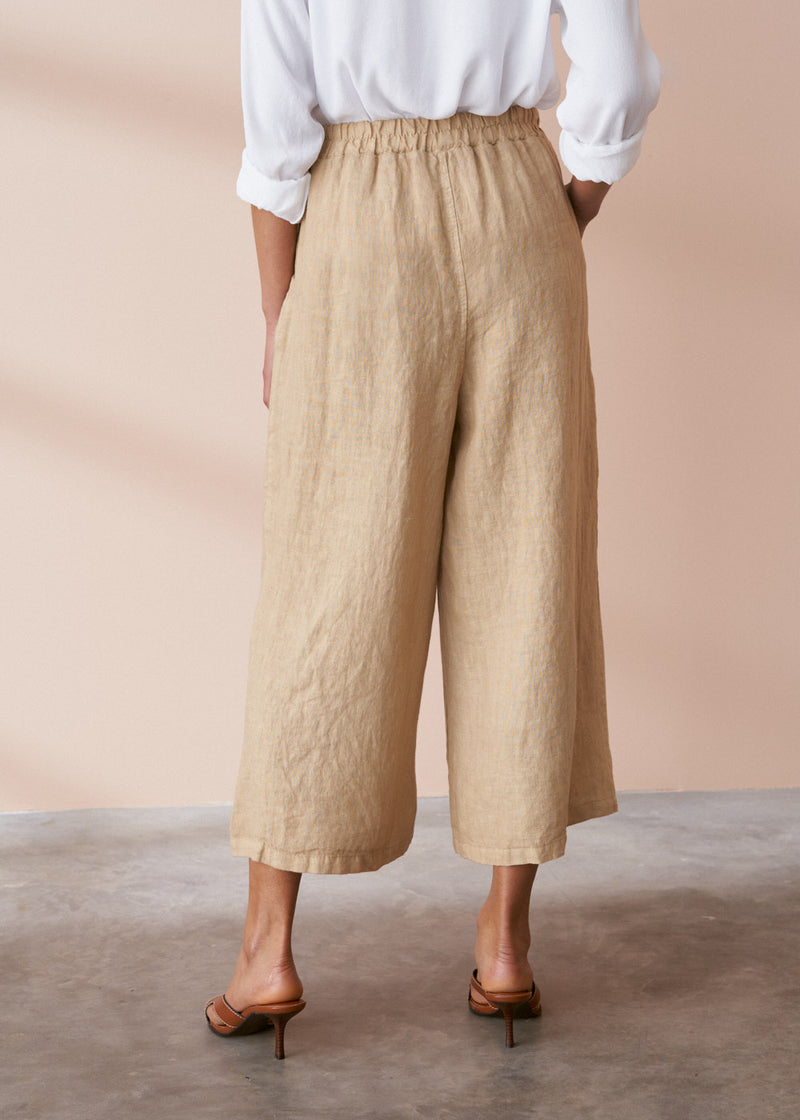 Yellow beige wide leg cropped linen trousers